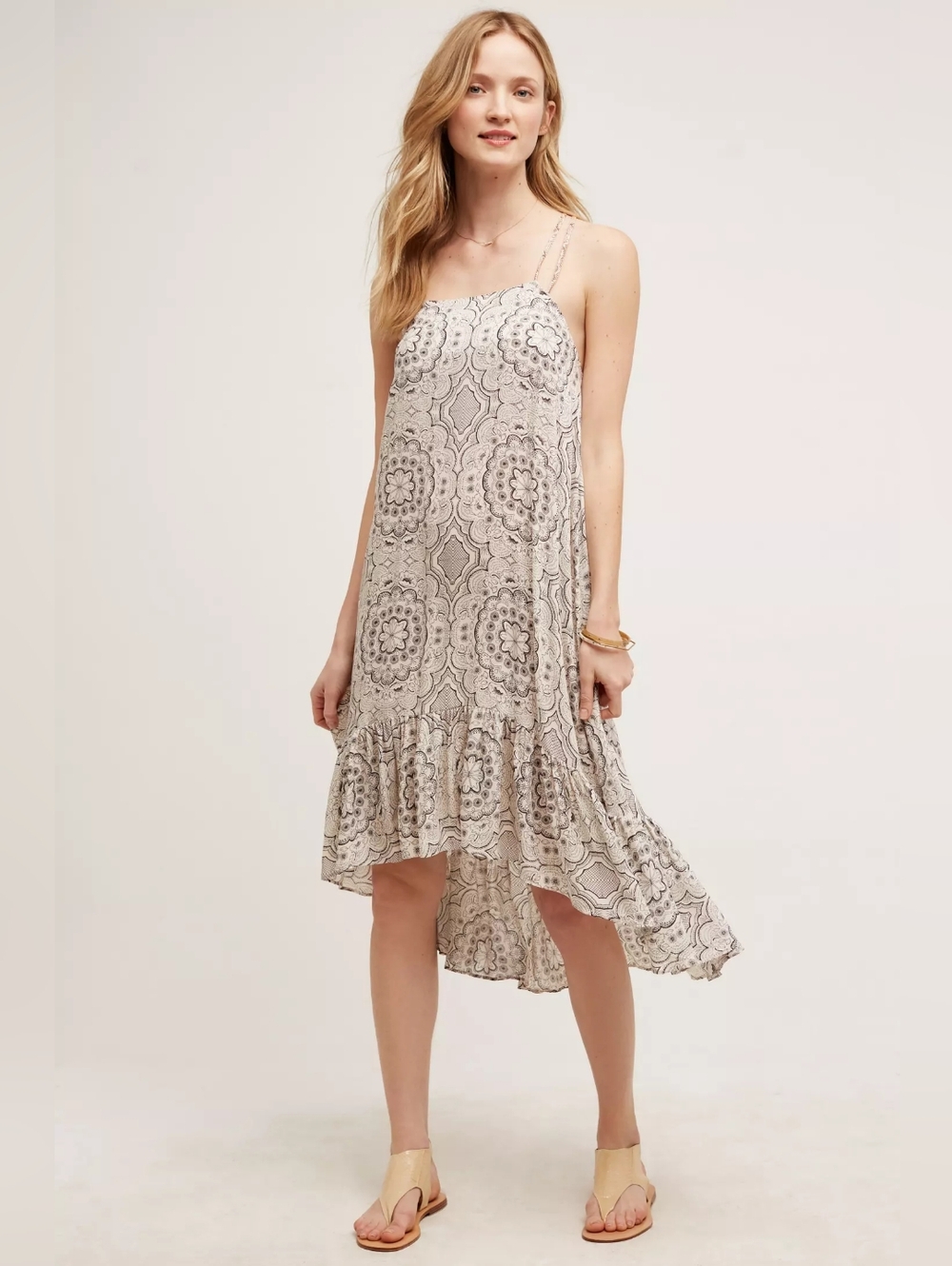 Anthropologie Eloise Verana Day Dress Medium Midi Boho Tile Print Strappy Flowy